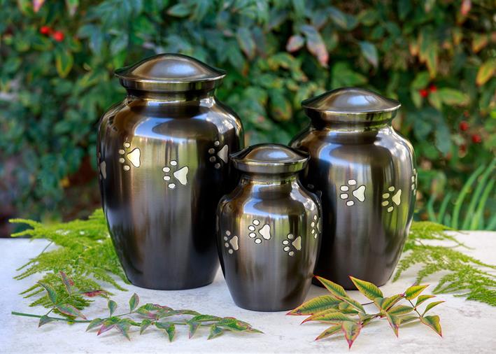 three bronze paw print vase urns